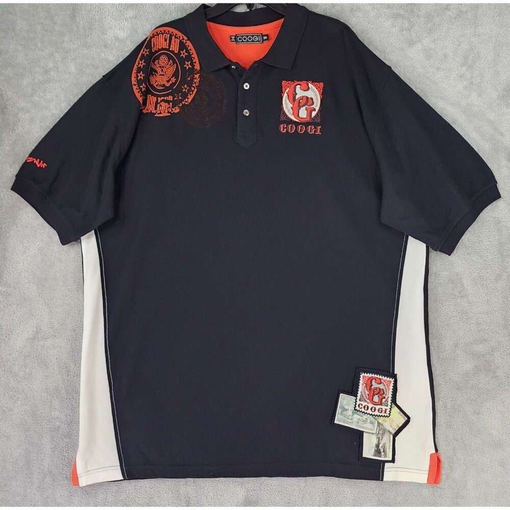 Coogi AU Polo Mens XXXL Black Orange Logo Patch Sort Sleeve 90s Y2K Vintage